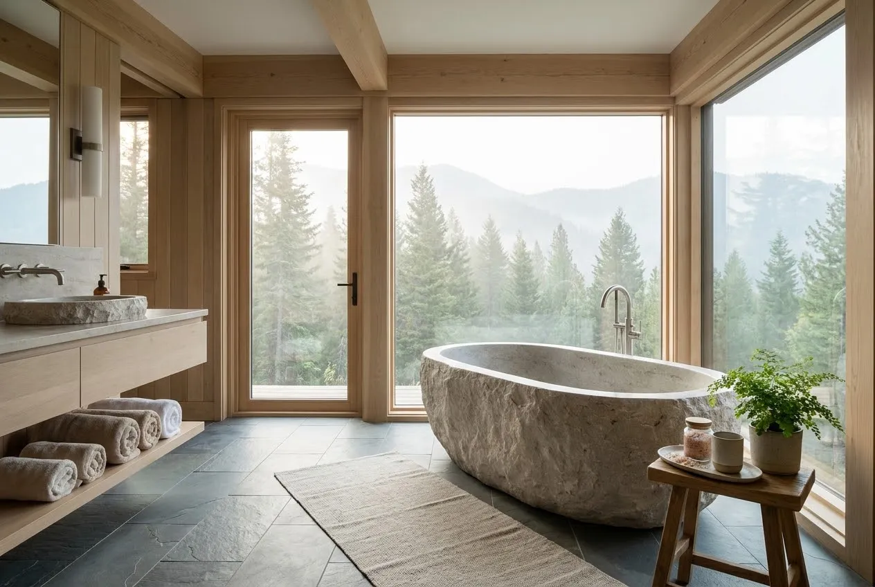 Monolithic stone bathtub by a floor-to-ceiling window onto the forest