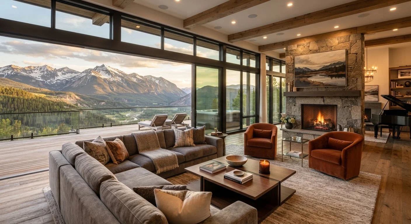 Panoramic living room open to the peaks, stone fireplace and piano