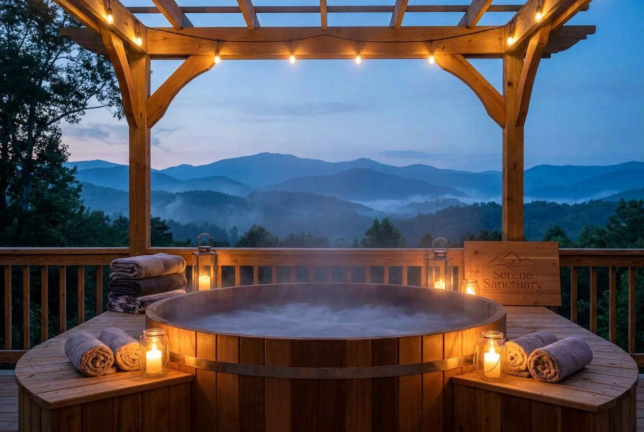 A cedar hot tub steaming on the deck at dusk, lanterns lit, misty peaks beyond