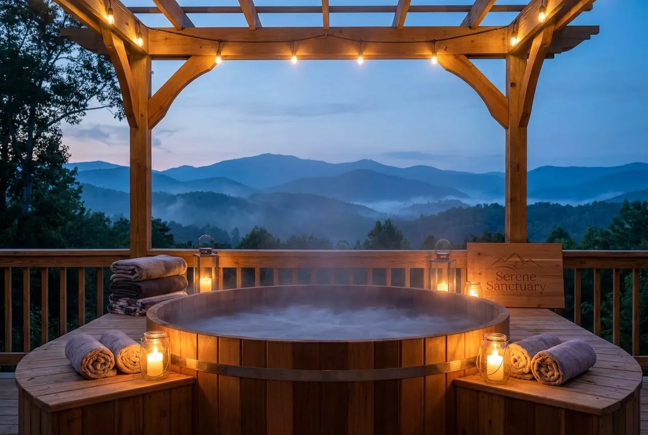 A cedar hot tub steaming on the deck at dusk, lanterns lit, misty peaks beyond