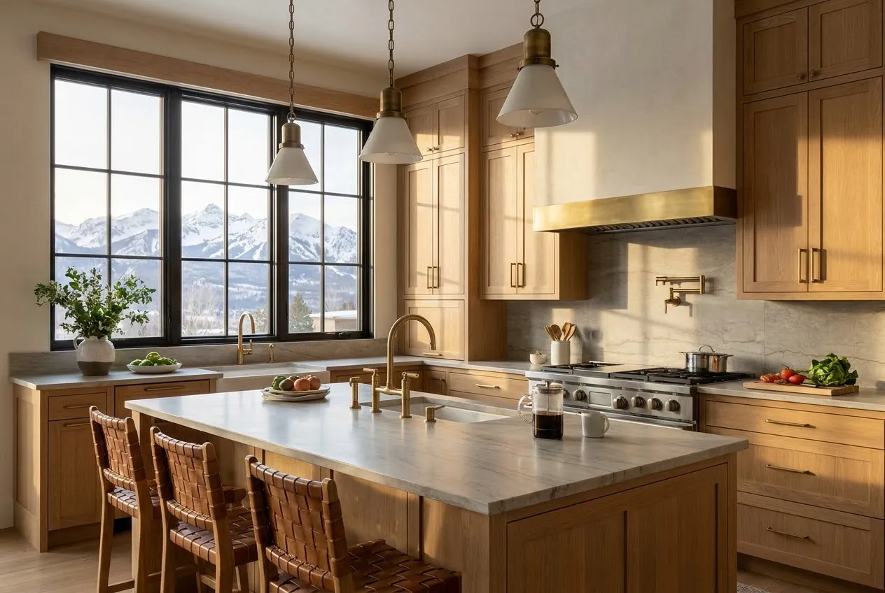 The kitchen in natural oak with a honed stone island and the peaks framed in the window
