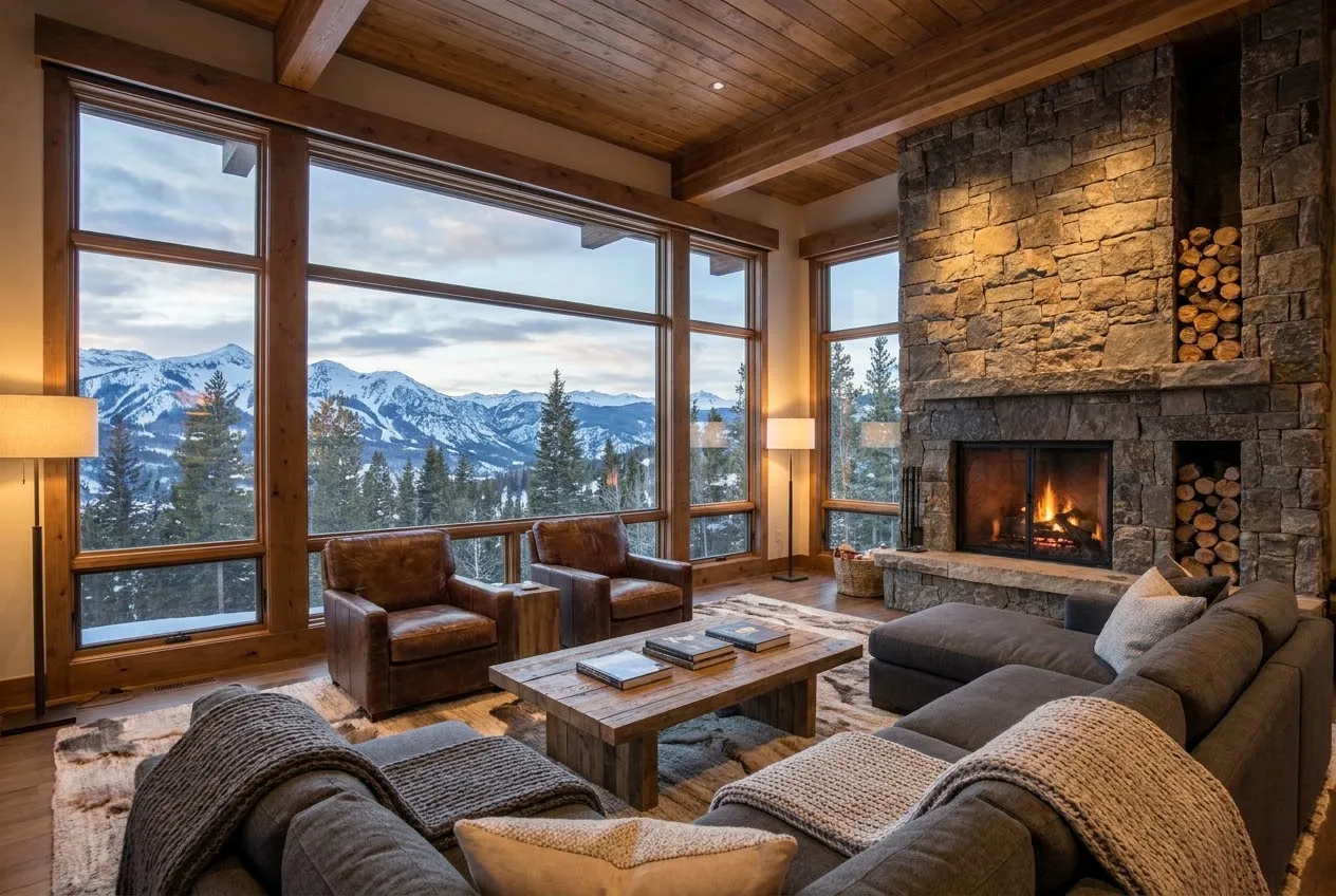 The panoramic living room with the fire lit, snow on the glass.