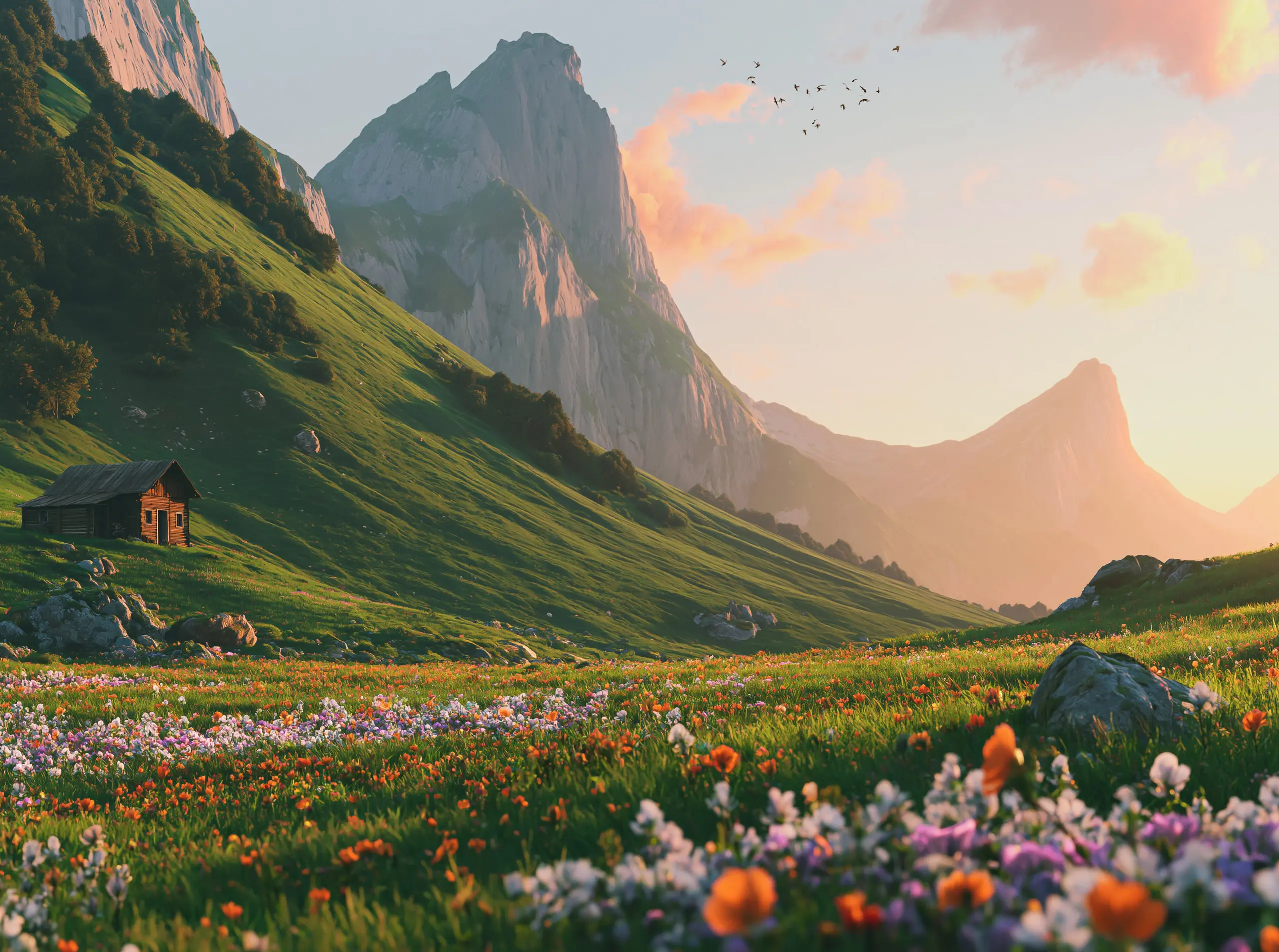 An alpine valley at golden hour: a wildflower meadow in the foreground, a small wooden cabin on the grassy slope, and rocky peaks catching the last light
