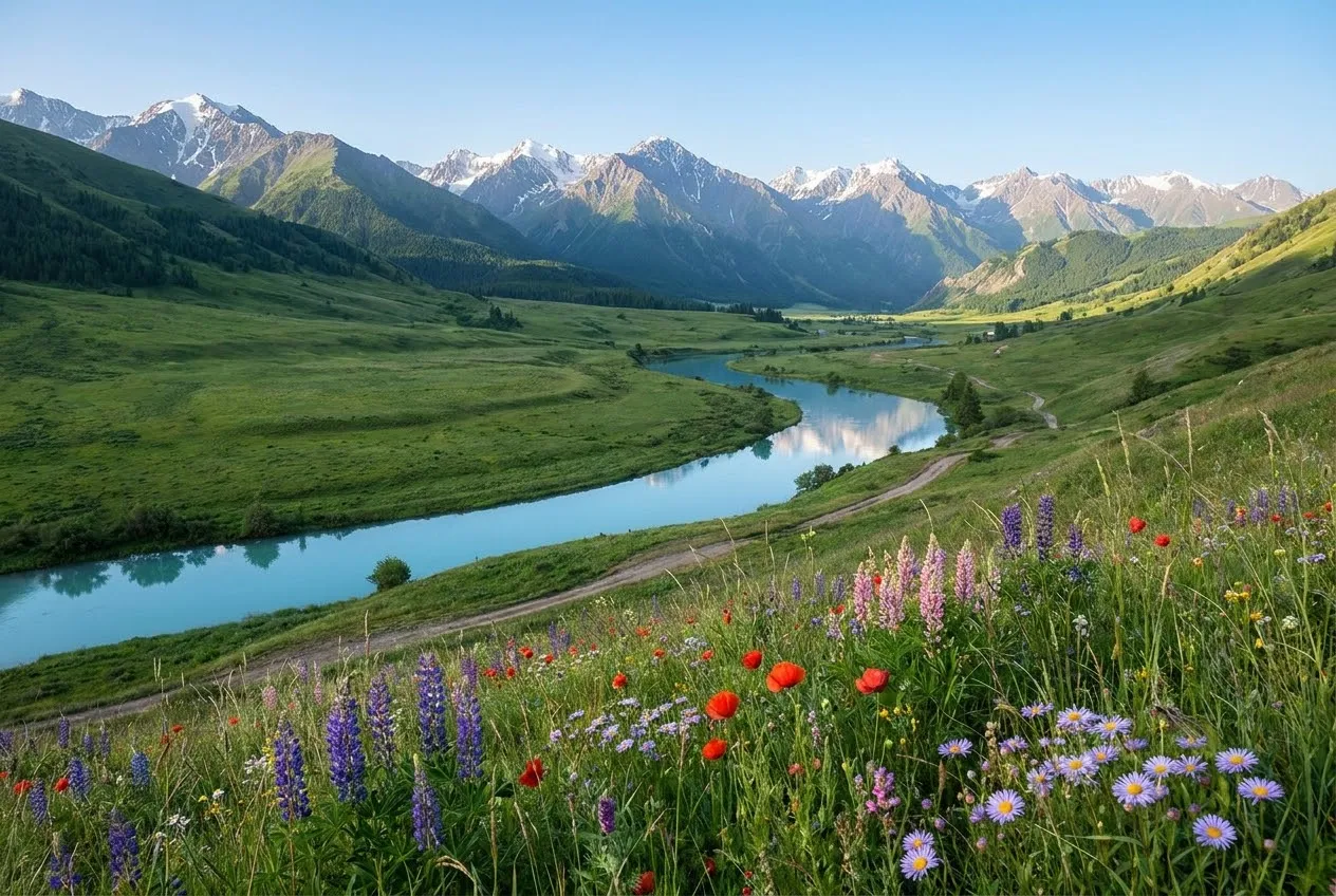 Flower-filled valley and river at daybreak