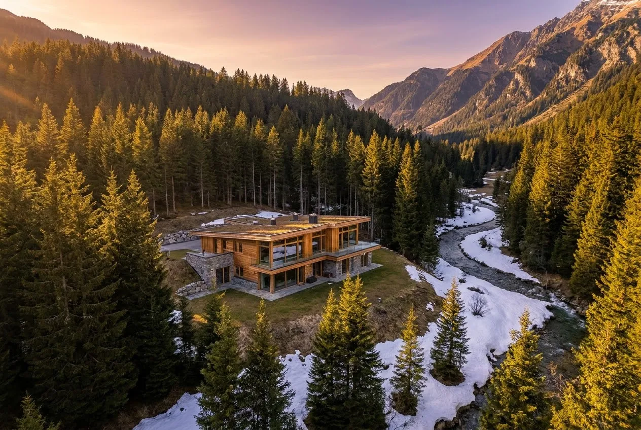 The villa alone in the valley at golden hour, pine forest and the river below