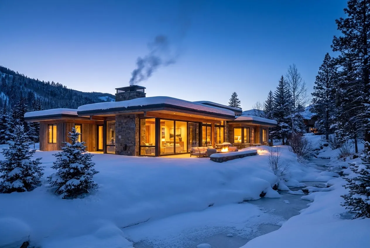 The villa under fresh snow at blue hour, warm light in the windows and smoke from the chimney